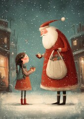 Santa with a cute little girl sharing gifts and joy.