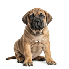 Obraz premium A charming light brown puppy, showcasing a specific dog species and breed, sits attentively. This healthy young canine is isolated on a pristine white background, ideal for diverse pet-related content