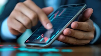 Business professional analyzing financial data on smartphone with stock market graphs in modern office setting, focused on investment and finance trends - Powered by Adobe