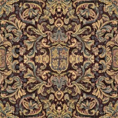 Richly woven antique tapestry fabric features dark background with gold blue and red heraldic acanthus scrollwork