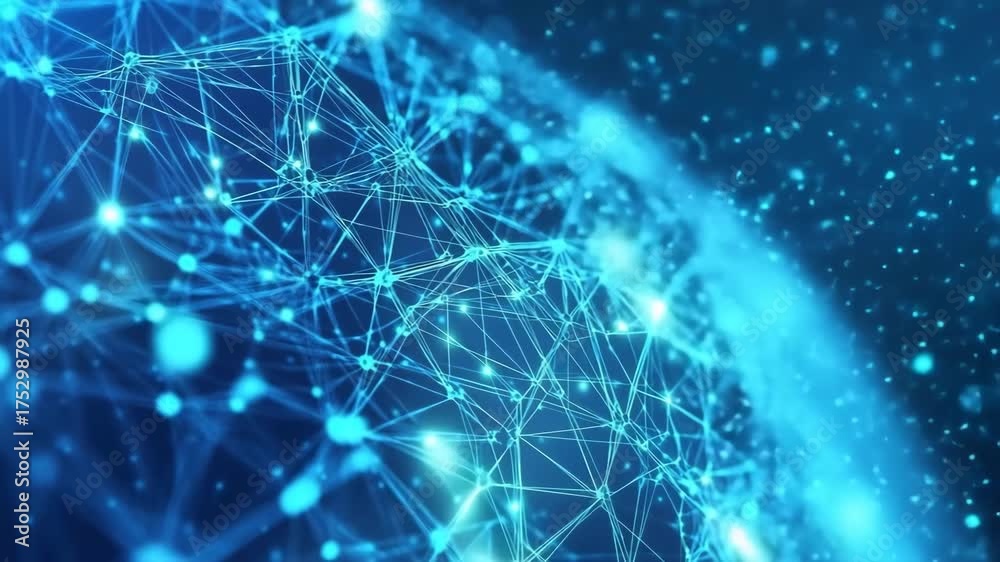 Wall mural abstract digital network visualization with bright blue nodes and lines in a dark background represe