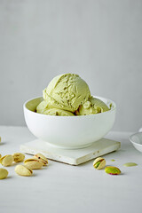 bowl of pistachio ice cream
