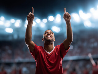 Triumphant Football Player Celebrating Goal Looking Up to the Sky