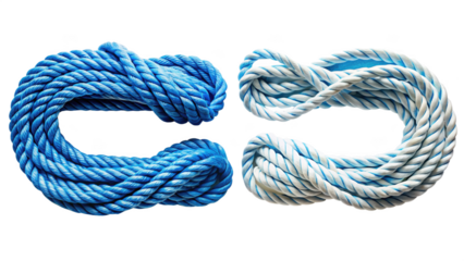 Two ropes, one blue and one light blue, isolated on transparent background