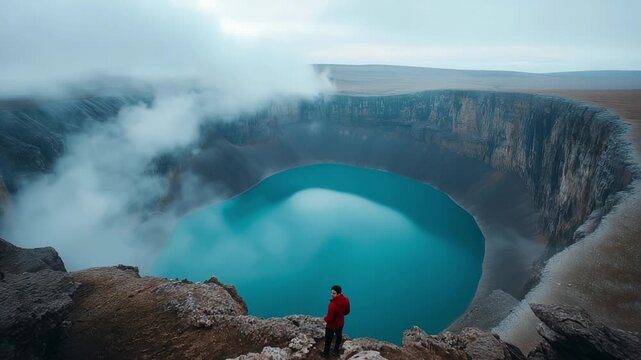 A lone explorer gazes into the stunning depths of a serene crater lake surrounded by rugged cliffs and swirling mist. Nature's masterpiece unfolds at dawn, captivating the heart.