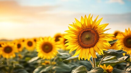 Fototapeta premium Vibrant sunflower in a bright field at sunset.