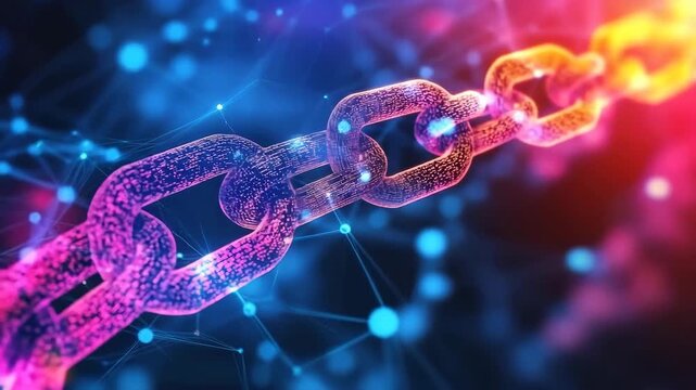 Abstract Representation of a Colorful Digital Chain Connected Through Networks and Nodes in a High-Tech Background Illustrating Blockchain Technology and Connectivity