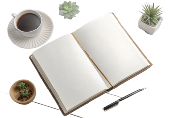 Open book with blank white pages, top view mockup for magazine, notebook or text template. Isolated on transparent background, PNG.