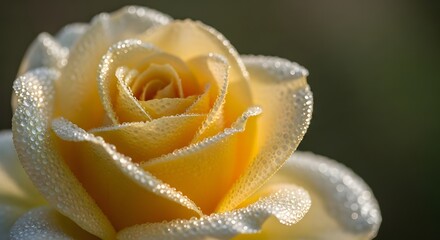 Closeup of a beautiful yellow rose covered in dewdrops in the morning light