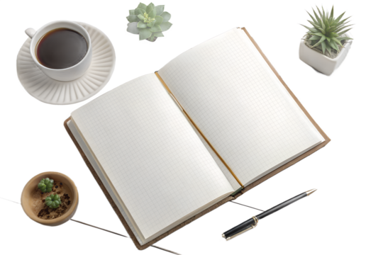 Open book with blank white pages, top view mockup for magazine, notebook or text template. Isolated on transparent background, PNG.