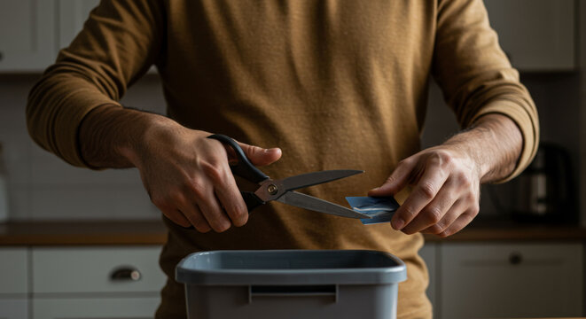 Person cutting credit card over trash bin, symbolizing financial decisions, debt management, or impact of inflation on consumer spending. scene is set in home environment