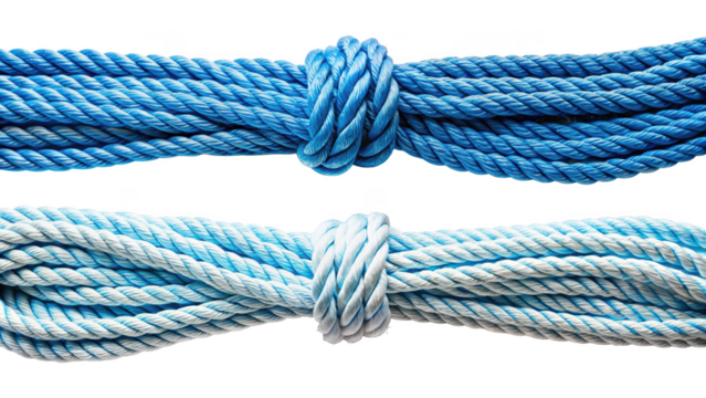 Two ropes tied with knots, isolated on transparent background, close up shot