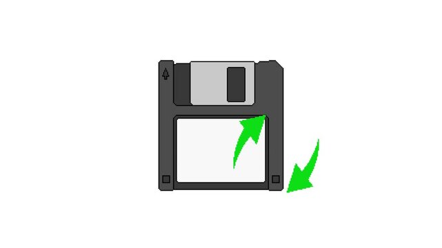 Loop animation of floppy disk with rotating arrows in pixel art style