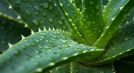 Aloe plant with water droplets highlighting its green leaves and sharp spines