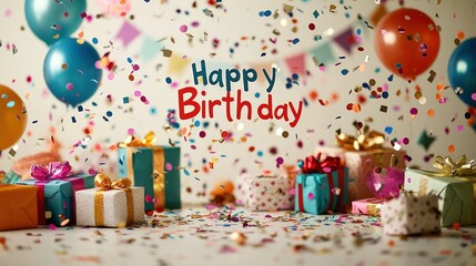 Festive Birthday Celebration with Colorful Balloons and Gifts.