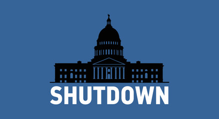 Silhouette of a capitol building with the word "SHUTDOWN" in bold letters below, against a blue background.