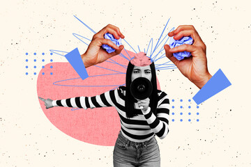 3D collage design trend artwork sketch of young woman stand talk hand hold attention megaphone...