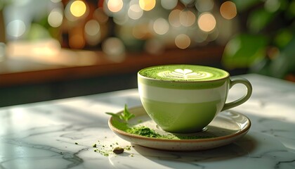 Green matcha latte in a ceramic cup.