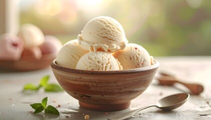 Vanilla ice cream scoop in glass bowl.