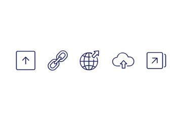 Upload, share, link, and web icons. Cloud computing and internet data transfer symbols. Thin line art vector icon set for UI, UX, app, and website design elements.