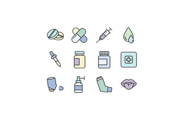 Medical and pharmaceutical colored icon set with pills, capsules, syringe, dropper, medicine bottles, inhaler, nasal spray, and tongue. Vector for health care, pharmacy, treatment.