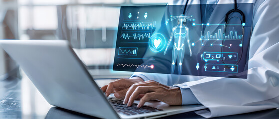 Doctor in white coat using laptop with holographic medical interface showing human body and health data charts. Concept of digital medicine, healthcare innovation, telemedicine, and AI medical.