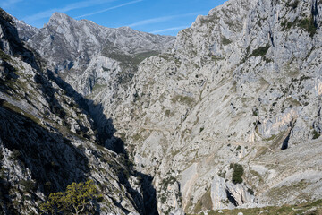Rugged mountain landscape under blue sky from Ruta del Cares