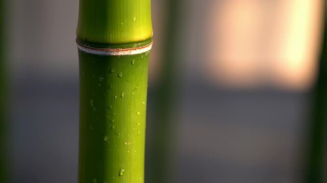 A macro view of a vibrant green bamboo stalk with water droplets. Soft background