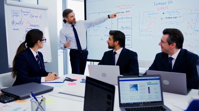 A business meeting with a whiteboard presentation, multiple people, and laptops in a modern office setting