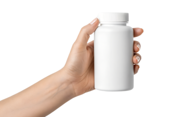 Hand holding a blank white plastic pill bottle for medicine or dietary supplements, isolated on transparent background. Mockup template for pharmacy packaging design, healthcare product branding, 