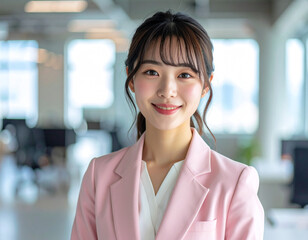 Fototapeta premium Friendly asian businesswoman in pastel semi-formal suit bright office environment professional portrait