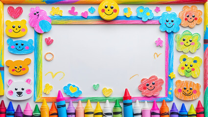 Obraz premium Illustration of colorful doodle frame, hand-drawn crayon style, chalk texture, cute faces, playful animals, vibrant, intricate, high-resolution, childhood innocence, creativity generative AI