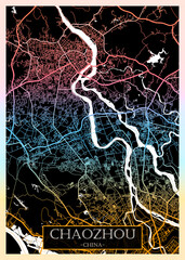 Chaozhou China City Map. Downtown printable Landmarks, print city painting, travel art banner, modern urban art, background abstract city