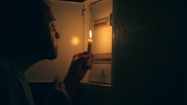 Blackout, No electricity. A man with a candle in the dark checks the electrical panel in the room during a power outage.