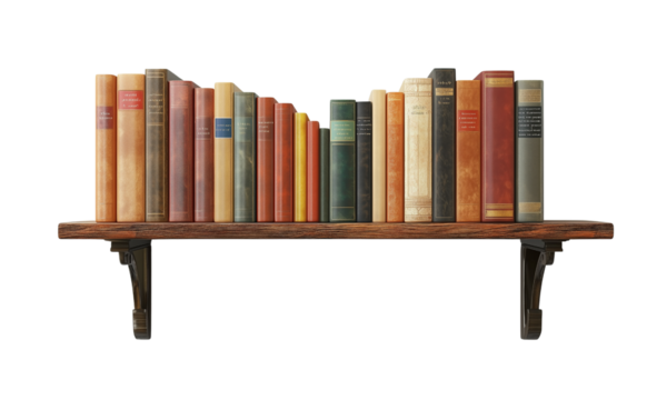 Display of vintage books on a wooden shelf home library still life cozy environment front view literature and aesthetics