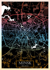 Minsk Belarus City Map. Downtown printable Landmarks, print city painting, travel art banner, modern urban art, background abstract city