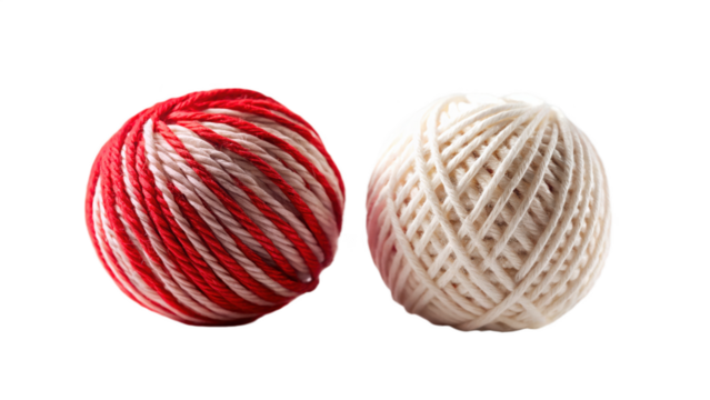 Two balls of yarn isolated on transparent background, red and white mixed