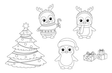 Christmas tree, gifts and cute baby penguin. Vector black and white illustrations set isolated on white background for coloring book