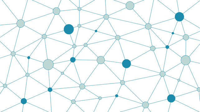 Abstract network of circles and lines in shades of blue on a white background connecting everything