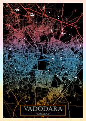 Vadodara Gujarat City Map. Downtown printable Landmarks, print city painting, travel art banner, modern urban art, background abstract city