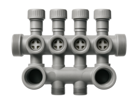 PVC manifold with built-in check valves to prevent backflow in duplex heating systems.