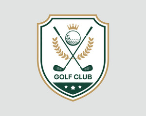 Golf club logo design with shield emblem, crossed clubs, and golf ball perfect for tournament branding, sports badge, and modern golf identity