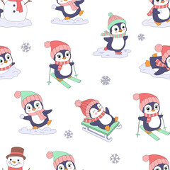 Seamless pattern with baby penguin character, color vector illustrations. Activity in winter. Cartoon animals, skating, skiing, sledding.