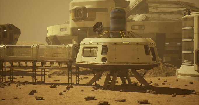 Structures for human habitation are visible on the Martian surface. Dust clouds linger, highlighting a permanent outpost designed for exploration and research on Mars.