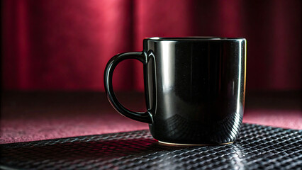Black ceramic coffee mug on dark textured surface with red background
