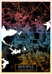 Bhopal Madhya Pradesh City Map. Downtown printable Landmarks, print city painting, travel art banner, modern urban art, background abstract city