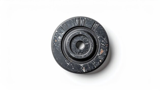 Circular metallic object with distressed dark gray surface featuring white speckles and concentric rings isolated on a clean white background studio lighting