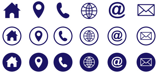 Business card, visiting card icon. Home, location, call, website, mail and message icon vector set. Contact icons set for website and business card. Modern contact us icons for digital use. vector