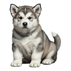 Adorable Siberian Husky Puppy Portrait, Capturing the Innocent Gaze and Fluffy Coat of a Young Canine Companion on a Pure White Background