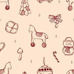 Whimsical Christmas seamless pattern in red color with vintage toys. Line art hand drawn coquette illustrations.